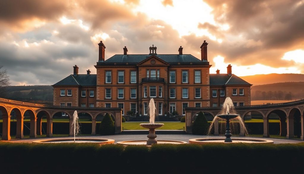 A grand British manor house, its stately facade bathed in warm golden light, stands tall against a backdrop of rolling hills and a dramatic cloudy sky. In the foreground, a series of elegant archways and fountains set the scene, inviting the viewer to imagine the meticulous estate planning and inheritance considerations that must go into preserving such an impressive property. The mood is one of dignified solemnity, reflecting the gravity of the UK's inheritance tax laws for non-residents, and the careful strategies required to protect one's legacy.