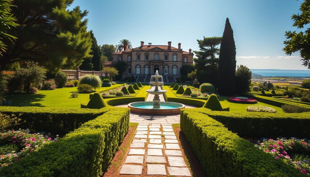 A grand Maltese estate nestled in lush, manicured gardens, with a stately manor house commanding the landscape. Sunlight filters through ornate windows, casting a warm glow on the intricate stone architecture. In the foreground, a well-tended path leads towards an elegant fountain, its tranquil waters reflecting the azure sky above. The middle ground features meticulously trimmed hedges and vibrant flower beds, while the background showcases the rolling hills and azure Mediterranean sea in the distance. An atmosphere of timeless elegance and careful preservation, conveying the importance of thoughtful estate planning.