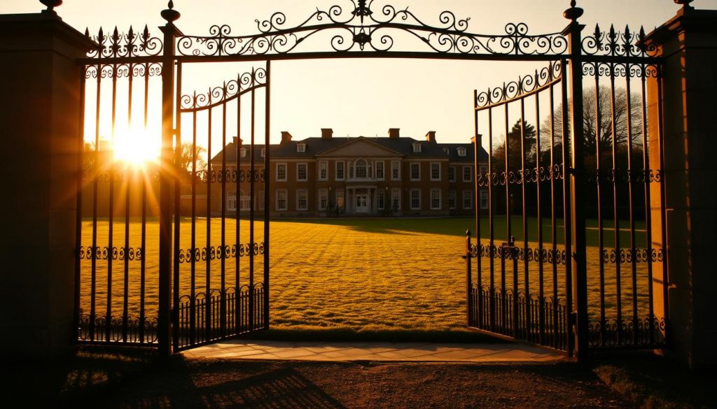 A grand estate gate stands before a sprawling mansion, the sun casting long shadows across the manicured lawn. In the foreground, a striking family crest adorns the wrought-iron archway, symbolizing the passing of wealth and legacy. The scene exudes a sense of grandeur and tradition, hinting at the complexities of inheritance and the threshold where taxes may apply. Warm, diffused lighting creates a contemplative atmosphere, inviting the viewer to ponder the delicate balance between preserving family wealth and fulfilling societal obligations.