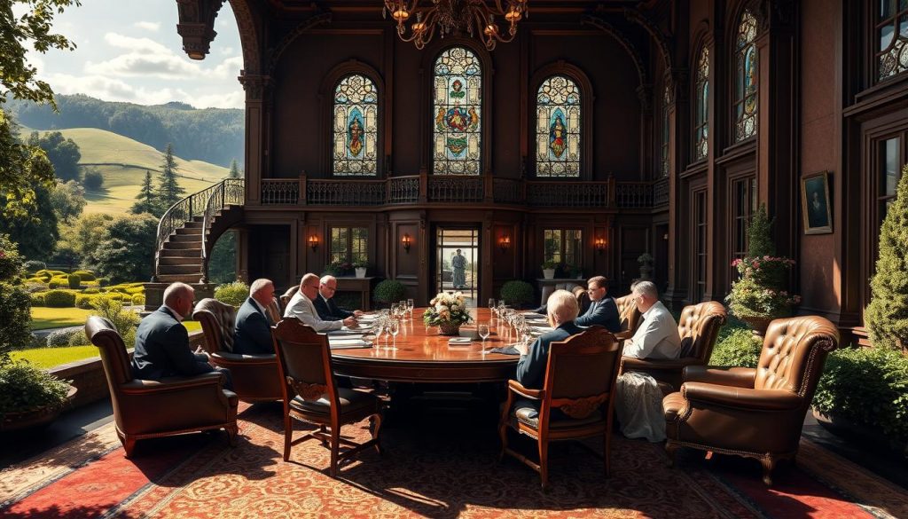A grand estate nestled amidst lush rolling hills, its stately manor casting a stately shadow across the manicured gardens. Sunlight filters through towering stained-glass windows, illuminating the ornate wood paneling and gilded accents within. At the center, a large mahogany table is flanked by plush leather chairs, where family members gather to discuss the intricate web of inheritance strategies and tax implications. The mood is one of solemn contemplation, with a sense of both grandeur and gravity as the beneficiaries consider the impact of their decisions on the future of the estate.