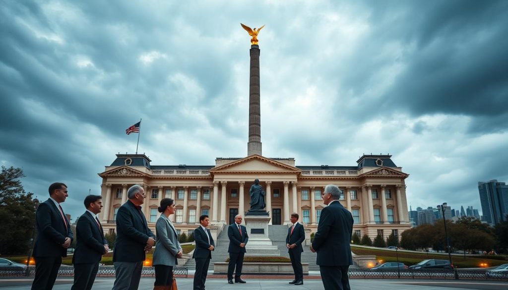 A grand, majestic government building set against a cloudy, dramatic sky. In the foreground, a group of well-dressed financial advisors and accountants discuss international inheritance tax regulations, their expressions serious and focused. The middle ground features a towering sculpture or monument, symbolizing the weight and significance of these fiscal policies. The background showcases a bustling city skyline, hinting at the global scale and impact of these inheritance laws. Warm, rich lighting bathes the scene, creating a sense of authority and importance. Shoot this with a wide-angle lens to capture the grandeur and scale of the moment.