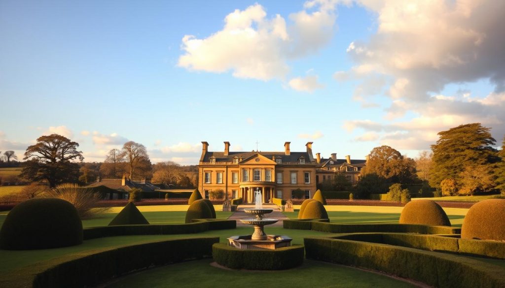 A grand manor house set against a picturesque countryside landscape, its stately architecture bathed in warm, golden light. In the foreground, a meticulously manicured garden with neatly trimmed hedges and a ornamental fountain. Clouds drift lazily across a clear, azure sky, casting gentle shadows over the scene. The estate radiates an air of wealth and privilege, hinting at the complex factors that influence inheritance tax obligations.