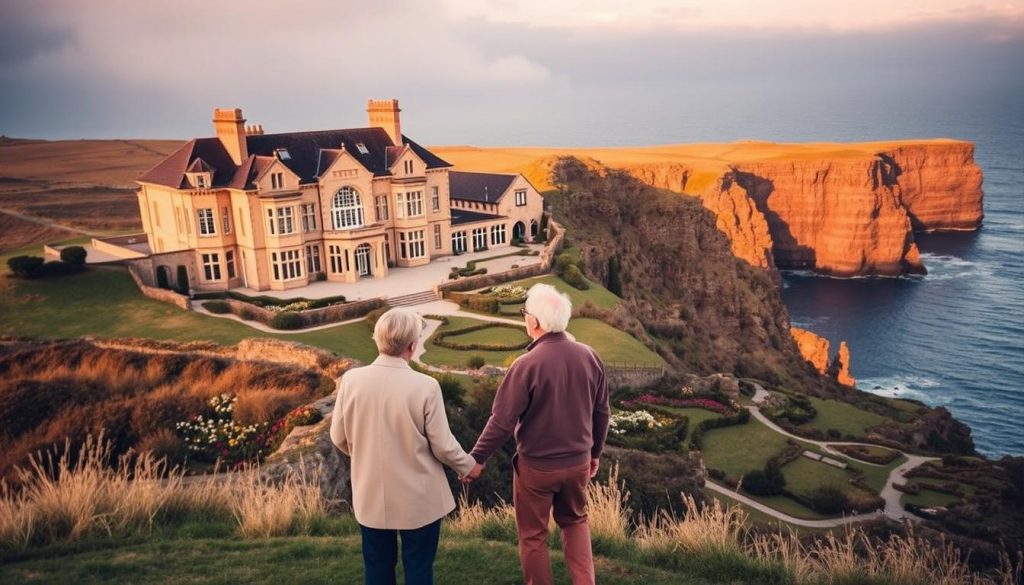 A grand manor house set against the rugged cliffs of the Isle of Man, its stately architecture bathed in warm, golden light. In the foreground, an elderly couple stand hand-in-hand, gazing out over the windswept landscape, their expressions contemplative. The middle ground reveals a sprawling garden, lush with vibrant blooms and meandering pathways. In the background, the deep blue waters of the Irish Sea stretch out to the horizon, hinting at the island's strategic location and history. The scene conveys a sense of tranquility and timelessness, underscoring the importance of careful inheritance tax planning to secure one's legacy.