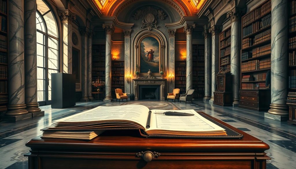 A grand marble hall with ornate columns and a high-vaulted ceiling, bathed in warm, golden light. In the foreground, an imposing wooden desk adorned with a large leather-bound ledger, quill, and inkwell. On the desk, stacks of official-looking documents representing various inheritance tax exemptions. The middle ground features elegant armchairs and a fireplace, creating a sense of refined sophistication. The background is adorned with bookshelves filled with ancient tomes, hinting at the wealth of knowledge and experience within. An atmosphere of legacy, tradition, and financial security pervades the scene.