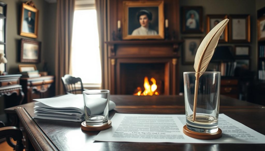 A grand oak desk stands in a sunlit study, its surface adorned with a stack of legal documents and a vintage quill pen. In the foreground, a glass tumbler rests atop a coaster, reflecting the warm glow of a fireplace flickering in the background. On the walls, framed family portraits and diplomas hint at a legacy of wealth and influence. The overall mood is one of contemplation and the weighty decisions that come with managing an inheritance. Soft shadows and muted tones create a sense of solemnity, underscoring the gravity of the subject matter.