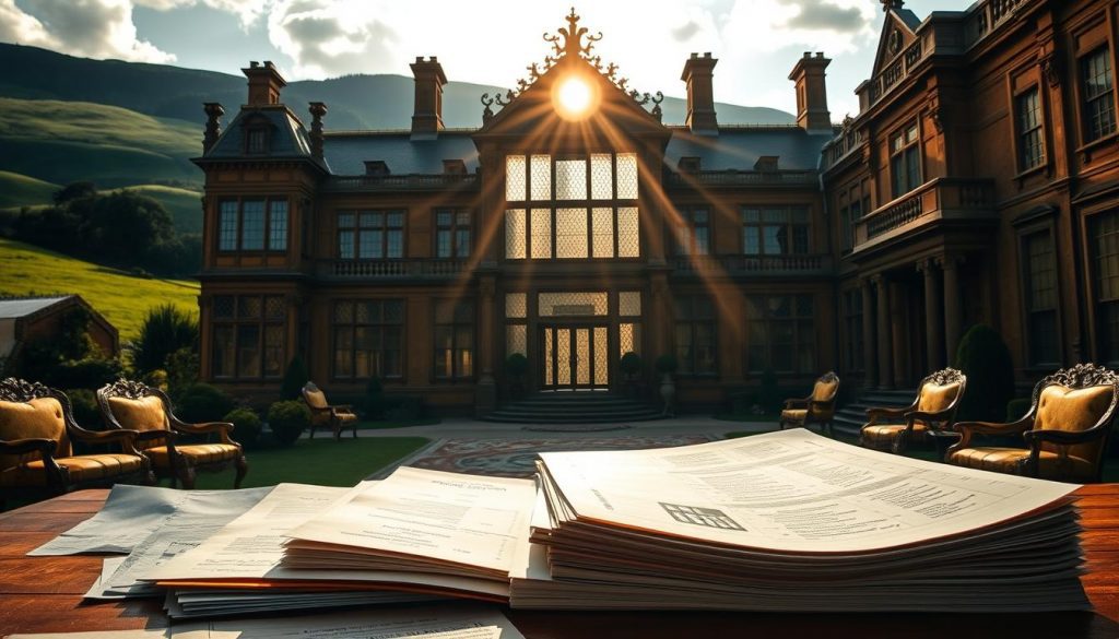 A grand, ornate British manor house set against a backdrop of rolling green hills, its stately presence symbolizing the weight of inheritance tax law. Rays of golden sunlight stream through tall windows, illuminating intricate wood paneling and antique furnishings that evoke a sense of old-world elegance. In the foreground, a series of official-looking documents and ledgers suggest the complex financial considerations faced by non-domiciled individuals navigating the nuances of UK inheritance tax. The scene conveys a mood of refined tradition tempered by the gravity of tax compliance, inviting the viewer to ponder the intersection of family legacy and fiscal responsibility.