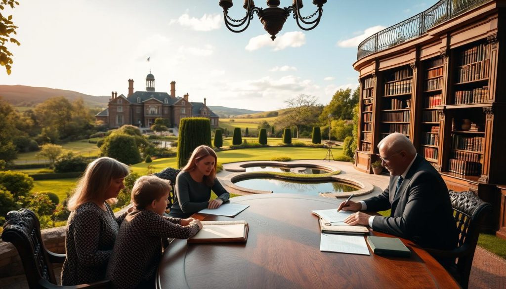 A grand, stately manor house surrounded by verdant gardens and rolling hills, bathed in soft, golden afternoon light. In the foreground, a family gathered around a polished oak table, poring over documents and discussing estate planning matters with a distinguished-looking attorney. The middle ground features a grand staircase leading to an elegant library, where bookshelves filled with leather-bound volumes hint at the family's long history and wealth. The background showcases the estate's manicured grounds, with a pond reflecting the azure sky. The scene conveys a sense of tradition, security, and the careful preservation of a family's enduring legacy.