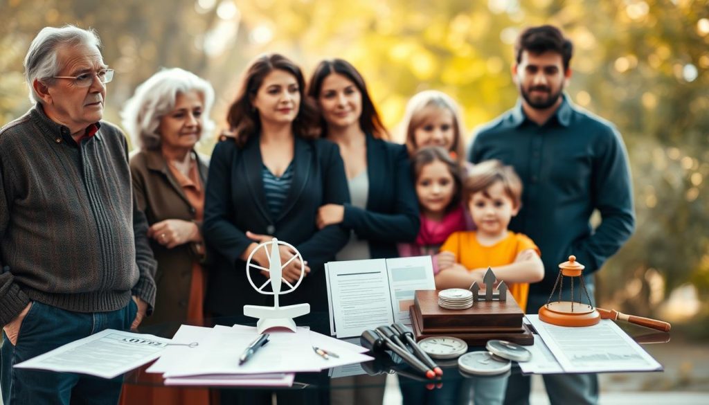 A group of diverse individuals, standing together, representing the beneficiaries of an ISA. In the foreground, a senior couple, a young professional, and a family with children, all gazing thoughtfully. In the middle ground, a variety of financial documents and symbols suggest the legal and financial aspects of inheritance. The background is softly blurred, creating a sense of focus on the central figures. Warm, natural lighting casts a subtle glow, conveying a sense of security and trust. The overall atmosphere is one of thoughtful contemplation, as the beneficiaries consider the implications of their inheritance.
