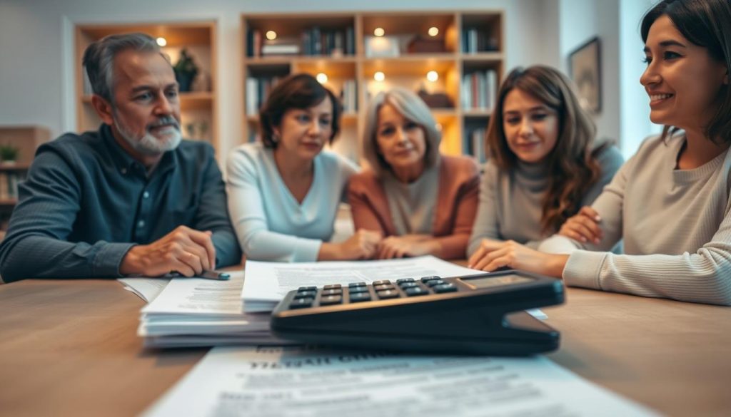 A high-angle shot of a family gathered around a table, discussing the implications of joint tenancy and inheritance tax. In the foreground, a stack of legal documents and a calculator, symbolizing the financial considerations. The middle ground features the family members, their expressions thoughtful and slightly concerned. The background depicts a cozy, well-lit room, with bookshelves and warm lighting, conveying a sense of trust and security. The lighting is soft and diffused, creating a contemplative, serious mood. The overall composition suggests the importance of thoughtful planning and collaboration when it comes to protecting family assets.