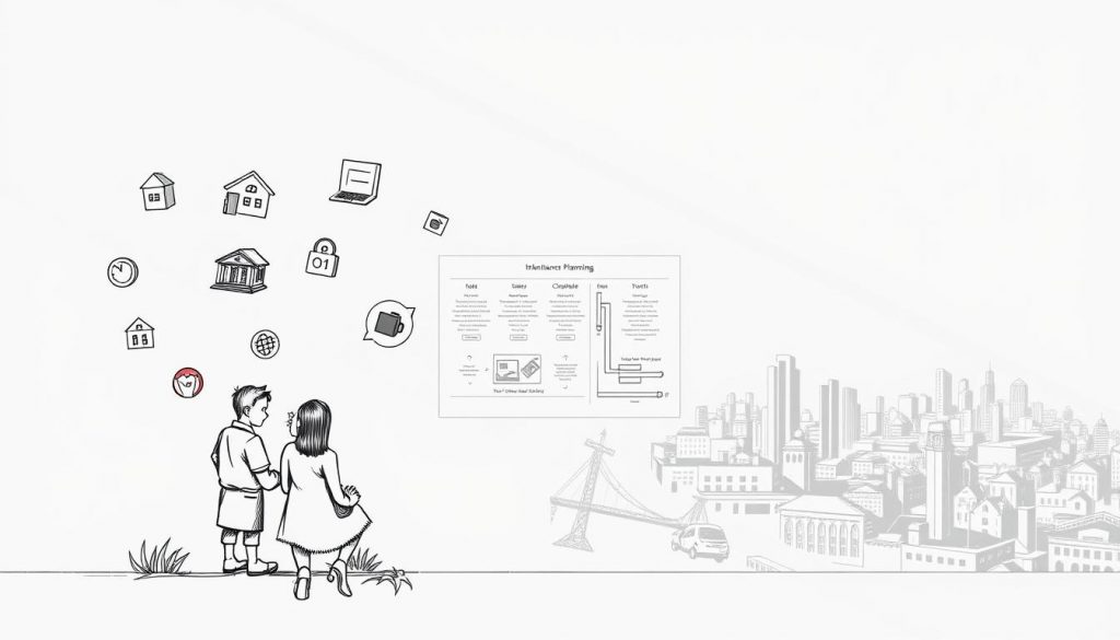 A high-contrast architectural illustration depicting various inheritance tax planning alternatives. In the foreground, a detailed sketch of a family discussing financial strategies with an advisor, surrounded by floating icons representing different investment options like property, life insurance, and charitable trusts. The middle ground features a minimalist blueprint layout of estate planning tools, with clean lines and geometric shapes. The background showcases a panoramic cityscape, hinting at the broader economic landscape and legal framework. Dramatic lighting casts deep shadows, creating a contemplative, serious mood. The overall composition conveys the complexity and importance of effective inheritance tax planning.