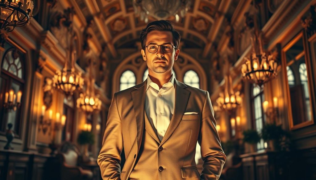 A high-fidelity rendering of the financial benefits afforded to UK non-domiciles. A middle-ground composition featuring a well-dressed individual standing before a backdrop of ornate architecture and opulent interiors, conveying an atmosphere of wealth, privilege, and sophisticated tax planning. The subject is bathed in warm, directional lighting that accentuates their confident posture and the grandeur of their surroundings. The image should evoke a sense of exclusive, insider knowledge about the complex web of exemptions and reliefs available to this elite demographic.