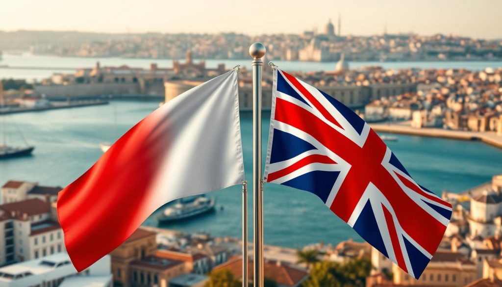 A high-resolution, photorealistic image of Malta's tax treaties with the UK, depicting a detailed illustration of the two countries' flags side-by-side, set against a backdrop of the iconic Maltese cityscape, with the imposing Grand Harbour and the historic fortifications of Valletta visible in the distance. The image should convey a sense of diplomacy, cooperation, and the strong economic ties between Malta and the UK, with a warm, inviting color palette and soft, diffused lighting to create a professional, authoritative tone.