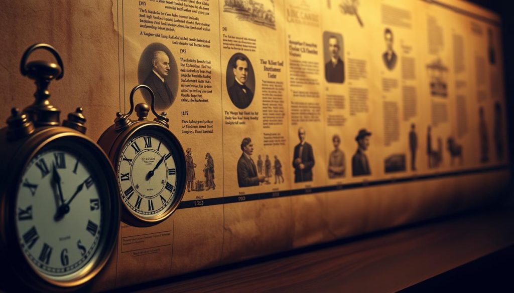 A historical timeline unfolds, capturing the evolution of inheritance tax in the UK. In the foreground, a series of elegant clocks tick steadily, representing the passage of time. The middle ground showcases influential figures and key moments, conveyed through subtle sepia-toned portraits and symbolic illustrations. The background features a weathered parchment-like texture, hinting at the rich tapestry of legislation and societal changes that have shaped this tax over the decades. Warm lighting casts a pensive, contemplative mood, inviting the viewer to reflect on the intricacies and significance of this enduring fiscal policy.