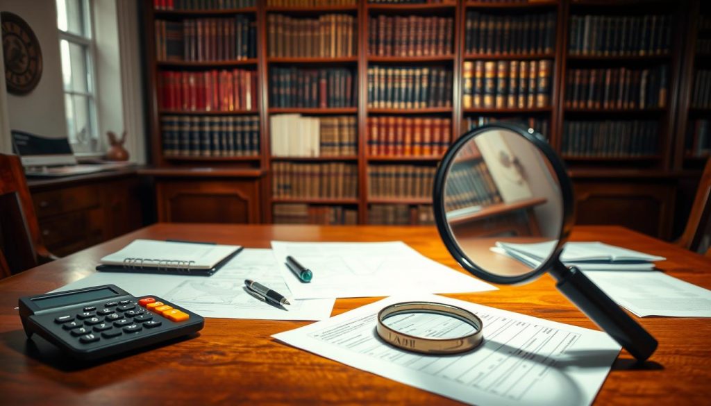 A large wooden desk with a calculator, pen, and financial documents scattered across its surface. The desk is illuminated by warm, diffused lighting, casting a cozy, contemplative atmosphere. In the background, a tall bookshelf filled with legal and accounting tomes, hinting at the complexity of inheritance tax calculations. The foreground features a magnifying glass, emphasizing the meticulous attention required to navigate this financial landscape. The overall scene conveys a sense of careful consideration and the weight of important decisions.