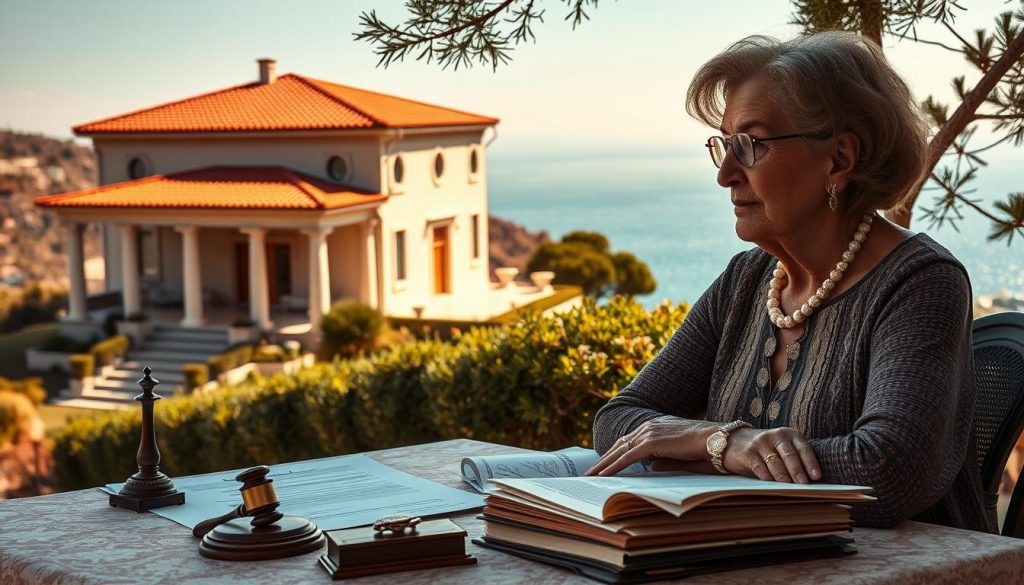 A lavish Greek villa nestled on a sun-drenched hillside, its stately columns and terracotta roof tiles basking in the warm Mediterranean light. In the foreground, a table laden with elegant family heirlooms and financial documents, symbolizing the intergenerational wealth and legacy at the heart of Greek inheritance tax. The middle ground features a dignified matriarch, her expression thoughtful as she contemplates the complex web of laws and regulations governing the transfer of her family's assets. In the distance, the sparkling azure waters of the Aegean Sea, a timeless backdrop to the high-stakes decisions surrounding the preservation of this Greek inheritance.