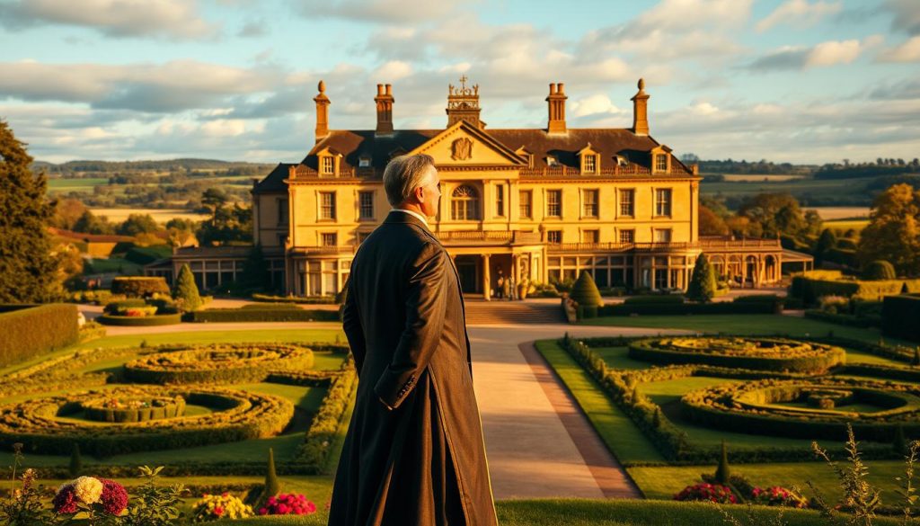 A lavishly detailed manor house set against a backdrop of rolling countryside, enveloped in a warm, golden light. In the foreground, a nobleman in elegant period attire stands proudly, gazing out over his expansive estate. Lush gardens and ornate architectural features add to the sense of grandeur and wealth. The scene conveys the historical context of inheritance and the privileged status of the landed gentry, hinting at the origins of the estate tax system in the UK. The image is captured with a cinematic wide-angle lens, emphasizing the scale and majesty of the estate.