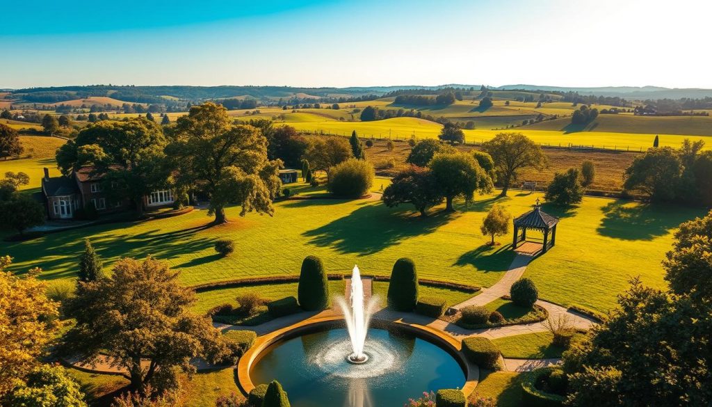 A lush, sprawling estate nestled amidst rolling hills and verdant meadows. In the foreground, a grand manor house commands attention, its stately architecture bathed in warm, golden light. Towering oak trees dot the landscape, their branches casting intricate shadows across the manicured gardens. In the middle ground, a meticulously maintained fountain gurgles, its crystal-clear waters reflecting the dazzling azure sky above. In the distance, a winding path leads towards a quaint, ivy-covered gazebo, hinting at the careful consideration and strategic planning that have gone into this idyllic property. The overall atmosphere exudes a sense of timeless elegance and foresight, perfectly capturing the essence of "estate planning strategies."
