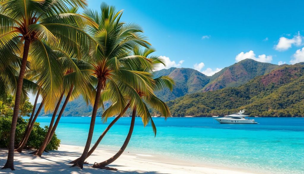 A lush tropical paradise, sun-dappled and serene, where towering palm trees sway in the gentle breeze. In the foreground, a picturesque beach with pristine white sand and crystal-clear azure waters. Distant rolling hills in the background, their slopes blanketed in verdant foliage. The scene is bathed in warm, golden light, casting a tranquil, inviting atmosphere. A single, private yacht anchored offshore, its sleek lines and gleaming hull reflecting the idyllic surroundings. This is the essence of a tax-free inheritance jurisdiction, a haven for those seeking financial security and a peaceful refuge from the world.