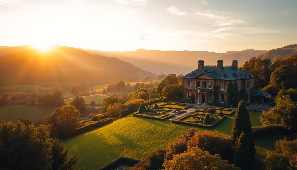 A lush, verdant landscape with rolling hills and majestic mountains in the background, bathed in the warm glow of a golden sunset. In the foreground, a stately manor house stands tall, its grand architecture and well-manicured gardens reflecting the wealth and prosperity of the region. The scene conveys a sense of tranquility and financial security, suggesting a tax-friendly environment where inheritance can be passed down without the burden of heavy taxation. The image is captured with a wide-angle lens, creating a sense of depth and grandeur, and the lighting is soft and diffused, lending an air of elegance and timelessness to the overall composition.