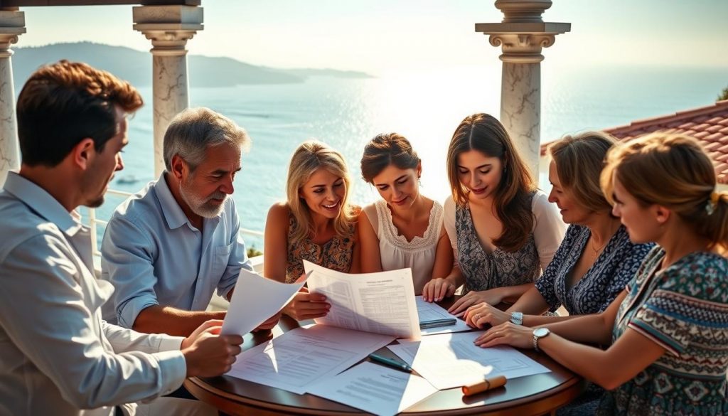 A luxurious Greek villa set against a backdrop of the Aegean Sea, its marble columns and terracotta roof tiles gleaming in the warm, golden sunlight. In the foreground, a family gathers around a table, studying official-looking documents and discussing the intricate details of inheritance tax rates and exemptions. The expressions on their faces convey a sense of careful consideration, as they navigate the complexities of preserving their family's wealth and legacy. The scene is composed with a sense of elegance and sophistication, capturing the essence of the "Protect Your Family's Assets: Understanding Greek Inheritance Tax" article.
