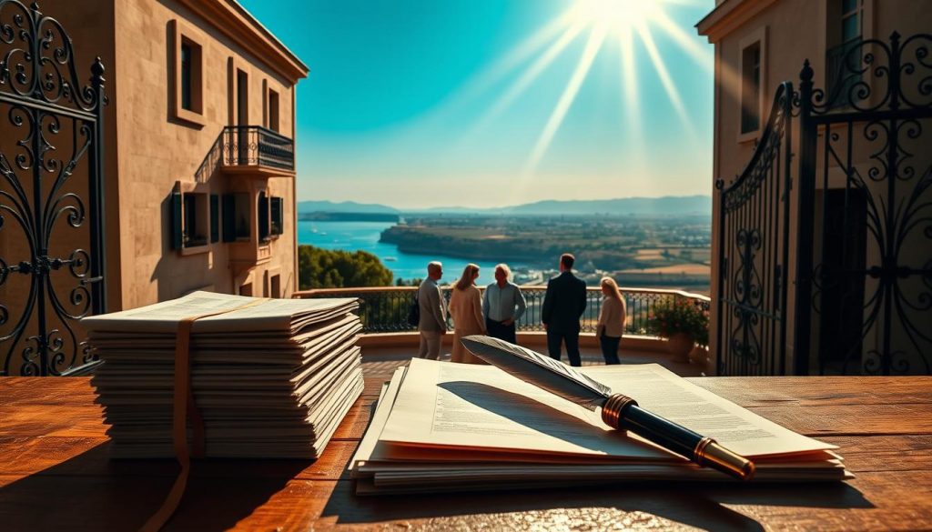 A luxurious Maltese villa set against the azure Mediterranean sky, its ornate gates and wrought-iron balconies casting intricate shadows. In the foreground, stacks of official documents and a quill pen, symbolizing the legal complexities of inheritance tax. The middle ground features a family gathered solemnly, their expressions reflecting the gravity of the situation. Beams of soft, golden light filter through the windows, imbuing the scene with a sense of contemplation. The background showcases the rolling hills and distant landmarks of the Maltese landscape, hinting at the unique cultural context. This image captures the nuances of Maltese inheritance tax, a distinct and vital consideration for UK homeowners.