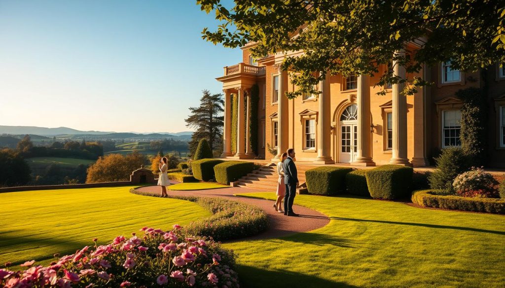 A luxurious manor house set against a lush, verdant landscape. In the foreground, a well-manicured garden with blooming flowers and a meandering path. The house, with its stately columns and intricate architectural details, commands attention, hinting at the wealth and legacy it represents. Warm, golden sunlight filters through the windows, casting a soft glow over the scene. In the middle ground, a pair of figures, a man and a woman, stand contemplatively, their expressions conveying the weight of inheritance and property ownership. The background features a distant horizon, with rolling hills and a clear, azure sky, suggesting the scale and complexity of the topic at hand.