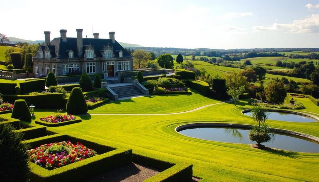 A majestic estate nestled in the rolling hills of Jersey, its grand manor house and meticulously landscaped gardens exuding an air of elegance and timeless sophistication. Sunlight filters through the large windows, casting a warm glow over the intricate architectural details. In the foreground, a well-tended formal garden with neatly trimmed hedges and vibrant flowerbeds, hinting at the careful planning and attention to detail that goes into maintaining such an esteemed property. In the middle ground, a tranquil pond reflects the surrounding greenery, while in the distance, the estate's expansive grounds stretch out, dotted with mature trees and winding pathways. The overall scene evokes a sense of wealth, legacy, and the importance of thoughtful estate planning to preserve this idyllic way of life.