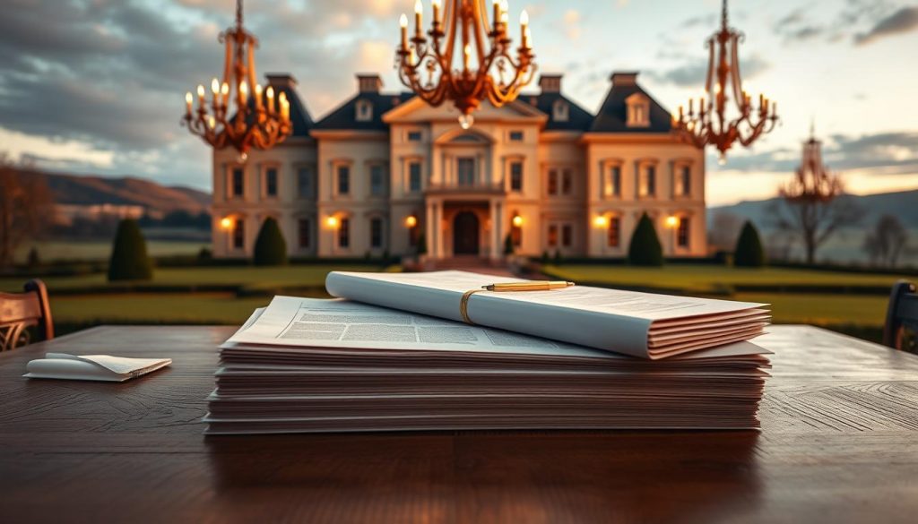 A majestic mansion, its grand facade bathed in warm, golden light, stands against a backdrop of rolling hills and a serene sky. In the foreground, a solid oak table holds a stack of legal documents, their edges crisp and inviting. The scene evokes a sense of wealth, legacy, and the weighty responsibility of inheritance. Elegant chandeliers cast a soft, ambient glow, illuminating the room's polished hardwood floors and ornate furnishings. The overall atmosphere is one of refinement, subtlety, and the thoughtful consideration of one's financial and familial obligations.