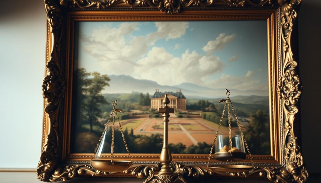A majestic oil painting depicting an ornate antique frame, its intricate gilded edges catching the warm glow of a soft, diffused light. Within the frame, a stunning landscape unfolds, showcasing a palatial estate surrounded by lush gardens and rolling hills. In the foreground, a pair of scales balance delicately, symbolizing the careful consideration of estate valuation and the role of art in determining inheritance tax liability. The overall composition conveys a sense of grandeur, legacy, and the complex financial considerations that come with managing a significant art collection.