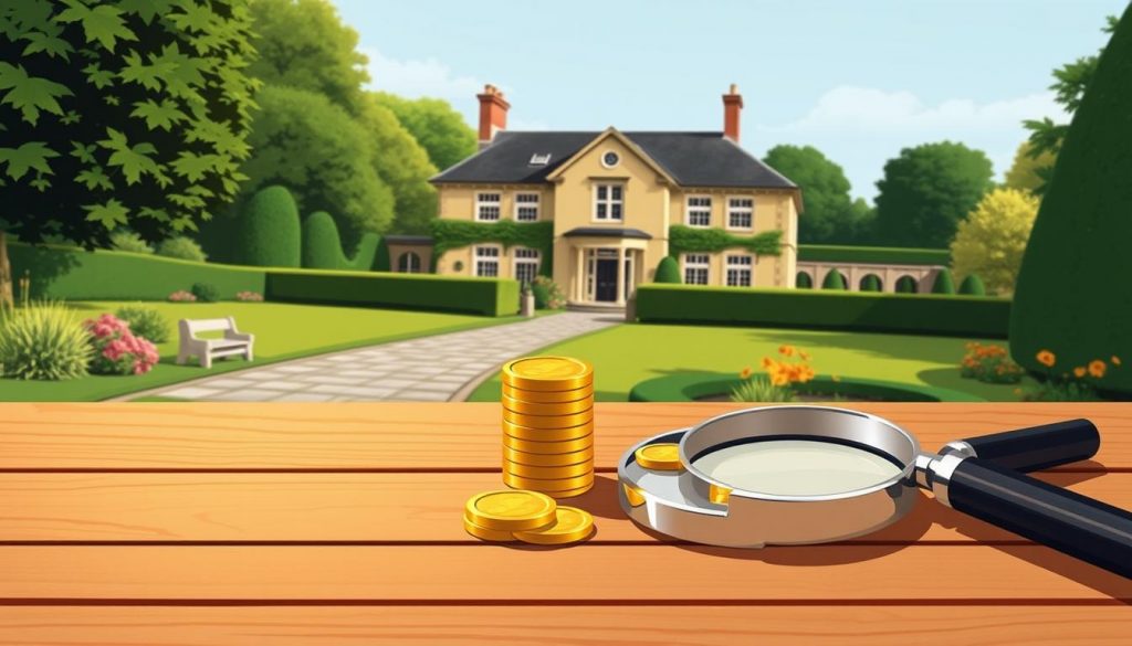A meticulously crafted illustration depicting the inheritance tax threshold for couples in the UK in 2023. The scene showcases a stately country manor house, surrounded by a lush garden, with a manicured hedge and a stone path leading to the entrance. In the foreground, a stack of gold coins and a magnifying glass rest on a wooden table, symbolizing the financial considerations involved. The lighting is soft and warm, casting a gentle glow over the scene, conveying a sense of wealth and stability. The overall composition is balanced and visually appealing, capturing the essence of the inheritance tax threshold for couples in a sophisticated and elegant manner.