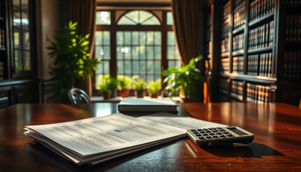A meticulously crafted still life scene depicting "Inheritance Tax Planning Strategies". In the foreground, a stack of financial documents, a calculator, and a pen lying on a polished mahogany desk, bathed in warm, directional lighting that casts dramatic shadows. In the middle ground, a window overlooking a lush, verdant garden, symbolizing the importance of long-term planning. The background features sophisticated bookshelves filled with volumes on tax law and estate planning, conveying an atmosphere of expertise and diligence. The overall scene evokes a sense of contemplation, precision, and the careful navigation of complex financial matters.