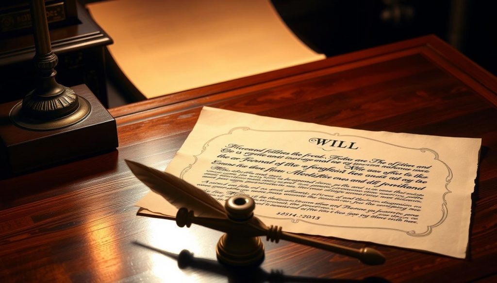 A meticulously crafted will, elegantly presented on a rich mahogany desk, illuminated by warm, soft lighting that casts a contemplative glow. Intricate calligraphic details adorn the parchment, hinting at the gravity and significance of the document. In the foreground, a quill and inkwell stand ready, symbolizing the careful consideration required in such matters of inheritance. The scene evokes a sense of legacy, responsibility, and the weighty decisions that shape one's lasting impact.