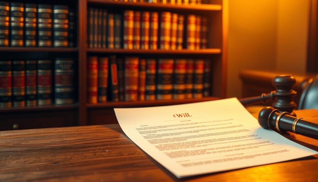 A meticulously crafted will, resting atop a wooden desk, illuminated by warm golden light. In the background, a bookshelf filled with legal tomes, subtly suggesting the importance of careful estate planning. The composition captures the seriousness and gravity of inheritance tax considerations, while maintaining a sense of professionalism and attention to detail. The image conveys the essential role of a well-structured will in ensuring a family's assets are securely passed on to the next generation.
