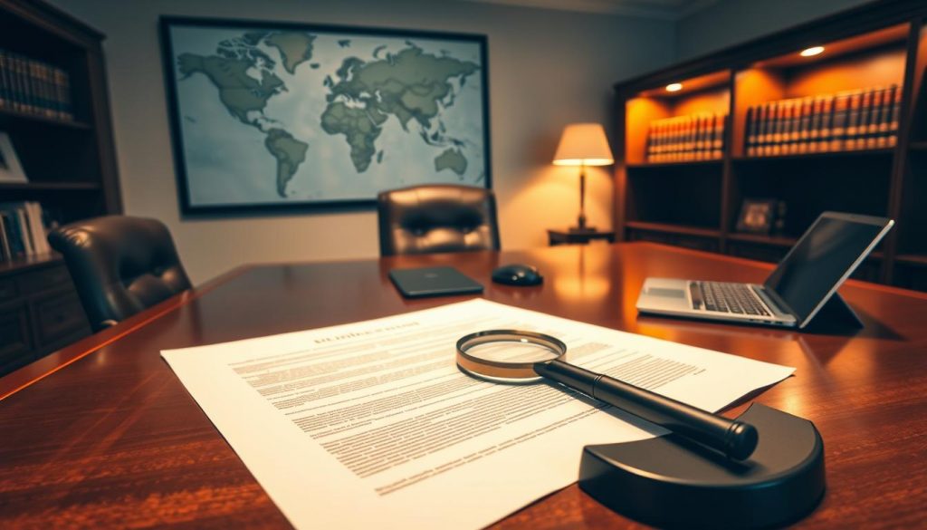 A meticulously designed office with a large mahogany desk, a set of legal documents, a laptop, and a magnifying glass. In the background, a world map on the wall and a bookshelf filled with legal tomes. The lighting is warm and inviting, creating a professional yet contemplative atmosphere. The focus is on the estate planning documents, hinting at the complexities of managing overseas assets and inheritance tax considerations. The scene conveys the importance of thoughtful estate planning to ensure a smooth transfer of wealth across international borders.