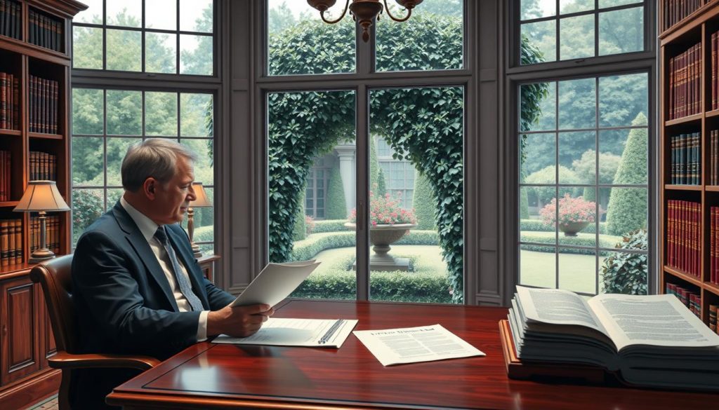 A meticulously detailed illustration of a spouse inheritance tax planning strategy, captured with a cinematic wide-angle lens and masterful lighting. In the foreground, a couple sits at a mahogany desk, discussing financial documents and estate plans. Mid-ground, bookshelves filled with legal tomes line the walls, conveying a sense of expertise and authority. The background features a large window overlooking a lush, manicured garden, creating a calming, contemplative atmosphere. The overall scene exudes a tone of thoughtful preparation, financial prudence, and a deep commitment to providing for one's loved ones. The image should inspire a sense of proactive estate planning and a well-organized approach to navigating the complexities of inheritance tax.