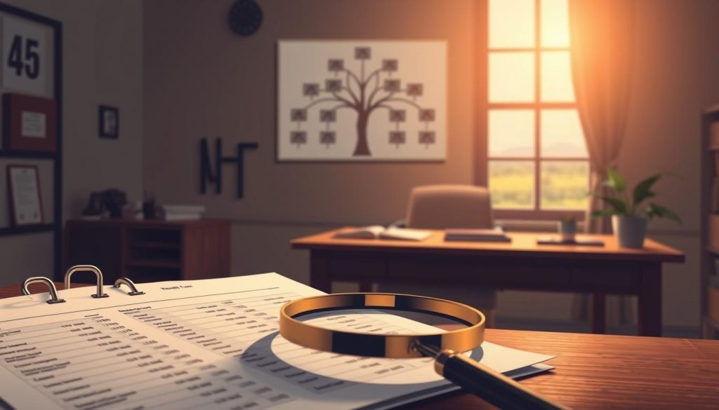 A meticulously detailed illustration of inheritance tax planning strategies, bathed in a warm, muted palette. In the foreground, a neatly organized financial ledger and a magnifying glass hovering over it, conveying the scrutiny and precision required. In the middle ground, a family tree diagram, its branches intertwined, representing the complex web of inheritance considerations. In the background, a dimly lit office setting, with a sturdy wooden desk, a potted plant, and a window offering a glimpse of a serene, pastoral landscape, symbolizing the tranquility that can be achieved through effective inheritance tax planning. Soft, natural lighting filters in, casting a subtle, contemplative glow over the scene. The overall atmosphere evokes a sense of thoughtful deliberation and financial security.