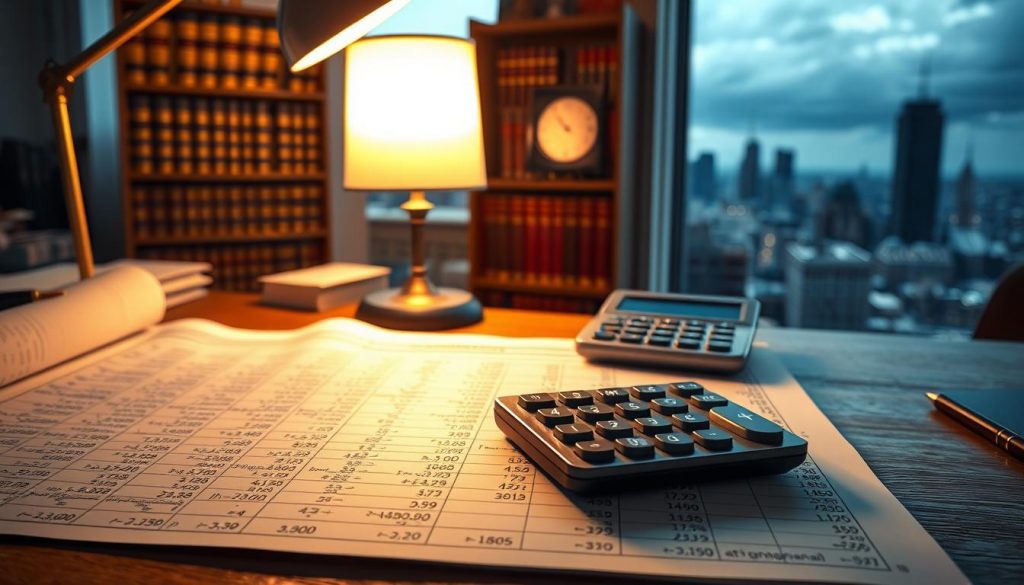 A meticulously rendered financial diagram depicting the intricate calculations of inheritance tax liability. In the foreground, a neatly organized spreadsheet with cells displaying formulas and numerical values, bathed in the warm glow of a desk lamp. In the middle ground, a bookshelf filled with tax law volumes and a calculator resting on a wooden desk. The background showcases a panoramic view of a city skyline, hinting at the broader financial and legal landscape. The overall scene conveys a sense of precision, attention to detail, and the gravity of the inheritance tax planning process.