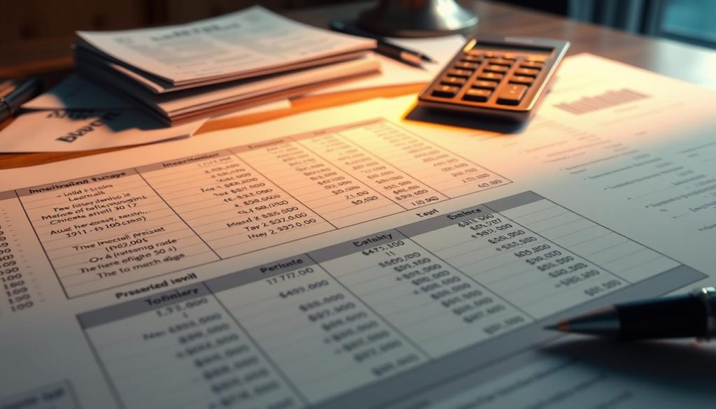 A meticulously rendered illustration of an inheritance tax calculation, captured with a high-resolution camera lens. In the foreground, a detailed spreadsheet displays intricate formulas and numerical values, illuminated by warm, directional lighting. The middle ground features a stack of financial documents and a calculator, conveying the meticulous nature of the process. The background subtly suggests an office setting, with a muted color palette and subtle textures, creating a sense of professionalism and gravity. The overall composition emphasizes the complexity and importance of accurately determining inheritance tax liabilities.