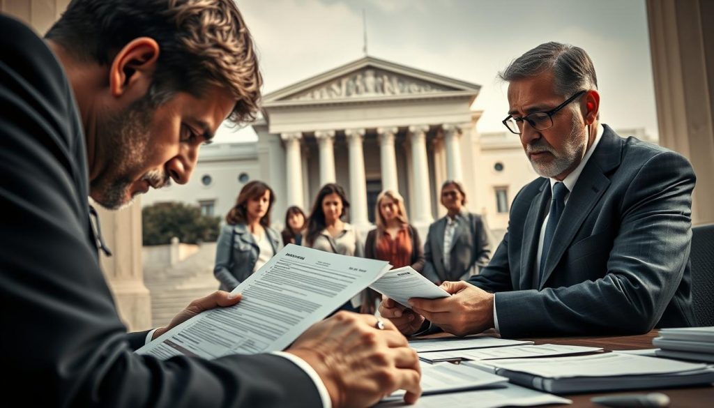A meticulously rendered scene depicting the Greek inheritance tax assessment process. In the foreground, a government official meticulously reviews official documents and ledgers, a focused expression on their face. The middle ground features a family gathered, expressions of concern and uncertainty as they await the assessment outcome. In the background, a stately government building stands, its columns and facade conveying a sense of gravitas. Soft, diffused lighting casts a contemplative mood, while the composition draws the viewer's eye through the various stages of the inheritance tax process. Executed with a realistic, photorealistic style that captures the weight and significance of this critical financial transaction.
