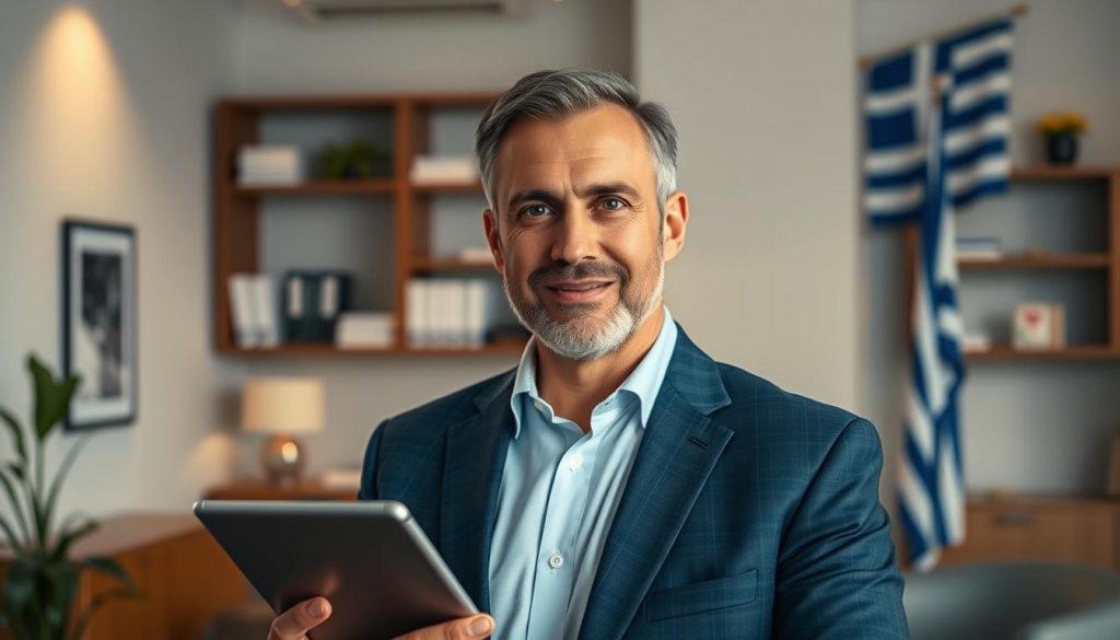 A middle-aged Greek man with a professional demeanor, wearing a well-tailored suit, standing in a modern office. The lighting is warm and natural, with soft shadows highlighting his features. He holds a tablet in one hand, conveying an air of expertise and authority. The background is a tasteful blend of minimalist furnishings, strategically placed bookshelves, and a discreet Greek flag, creating a sophisticated and authoritative setting for a tax consultant.