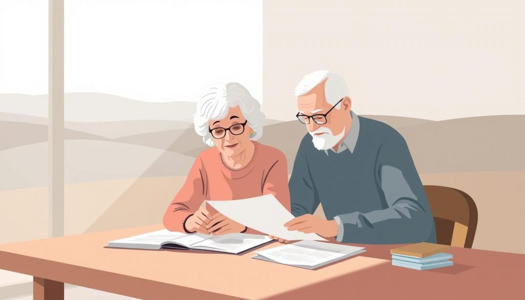 A minimalist illustration depicting a thoughtful senior couple carefully considering inheritance tax planning options for their grandchildren. The scene features the couple seated at a wooden table, surrounded by a soft, natural light and a serene, muted color palette. Their expressions convey a sense of quiet contemplation as they review documents and financial records. In the background, a simplified landscape with rolling hills and a distant horizon creates a calming, introspective atmosphere. The overall composition and attention to detail aim to visually communicate the importance of proactive inheritance tax planning for the benefit of future generations.