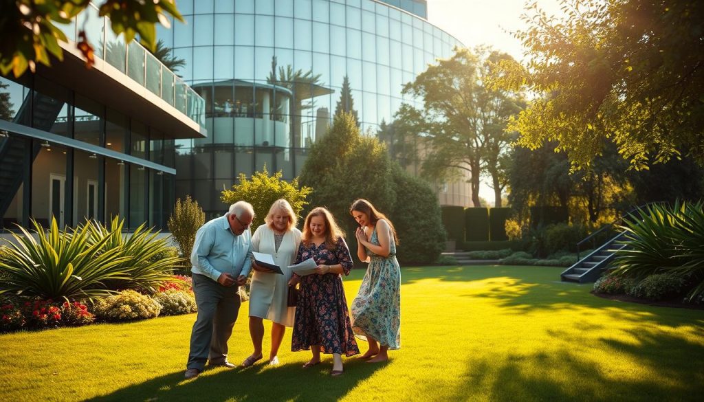 A modern commercial building surrounded by a lush garden, sunlight filtering through the glass facade, casting warm shadows on the well-manicured lawn. In the foreground, a family gathers, deep in discussion, examining legal documents - the role of trusts in inheritance tax looming large. The building's architectural elegance and the family's thoughtful expressions convey the significance of this financial decision, a delicate balance between preserving wealth and honoring legacy. The scene is captured with a cinematic, slightly wide-angle lens, emphasizing the grandeur of the setting and the gravity of the moment.
