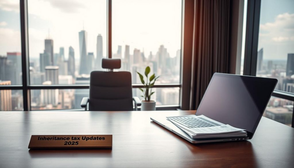A modern corporate office interior with floor-to-ceiling windows overlooking a bustling city skyline. In the foreground, a wooden desk with a sleek laptop and a stack of financial documents. On the desk, a brass nameplate reading "Inheritance Tax Updates 2025". The middle ground features an ergonomic chair and a small potted plant, creating a sense of calm and focus. The background showcases the cityscape, with skyscrapers and cranes dotting the horizon, conveying a sense of progress and change. The lighting is soft and warm, creating a professional yet approachable atmosphere. The overall scene suggests a thoughtful, forward-looking approach to the evolving inheritance tax landscape.