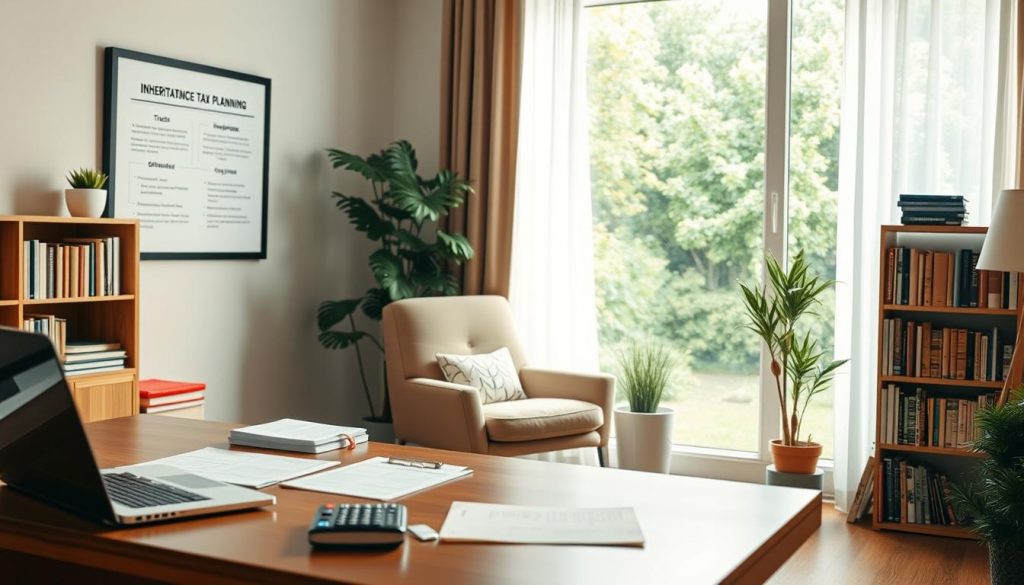 A modern home office with a warm, cozy atmosphere. In the foreground, a wooden desk with a laptop, calculator, and neatly organized documents. On the wall, a framed diagram illustrating various inheritance tax planning strategies, such as trusts, gifting, and asset transfers. The middle ground features a comfortable armchair and a bookshelf filled with financial planning resources. The background showcases a large window overlooking a lush, green garden, bathed in soft, diffused natural light. The overall scene conveys a sense of diligence, expertise, and thoughtful financial planning.