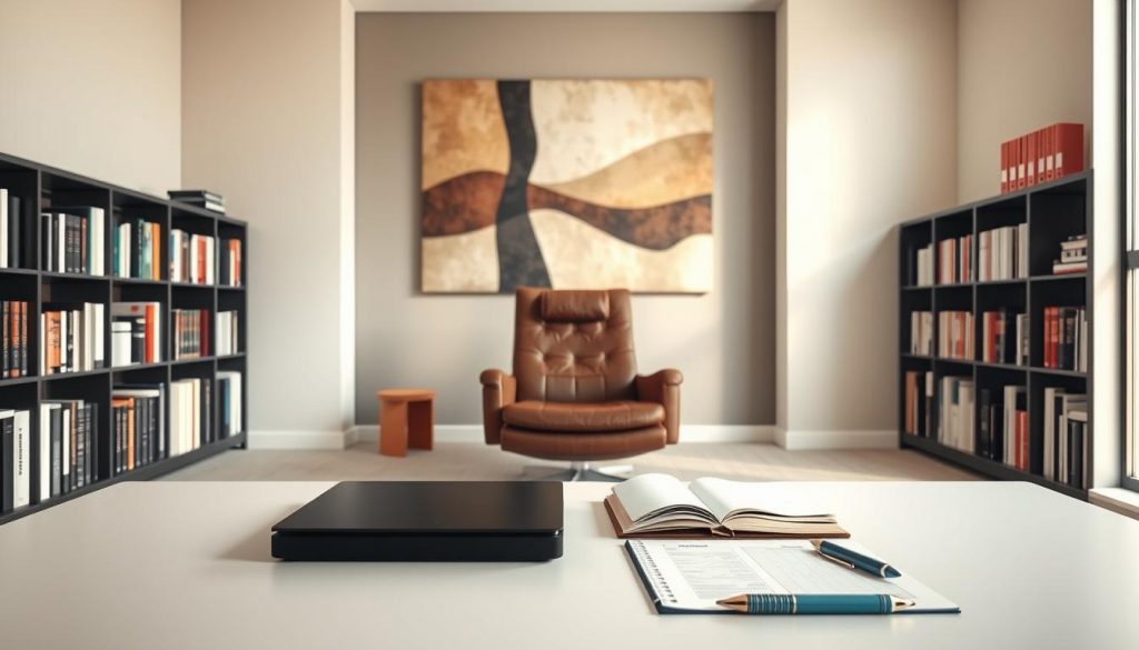 A modern, minimalist home office interior with natural light filtering through large windows. A desk with a laptop, planner, and pen sit in the foreground. Bookshelves line the walls, filled with financial and legal texts. In the middle ground, a comfortable leather chair faces the desk, suggesting a consultation space. The background features abstract, geometric wall art in muted tones, creating a serene, professional atmosphere. The lighting is soft and diffused, complementing the warm, earthy color palette. The overall mood conveys thoughtful financial planning and estate management.