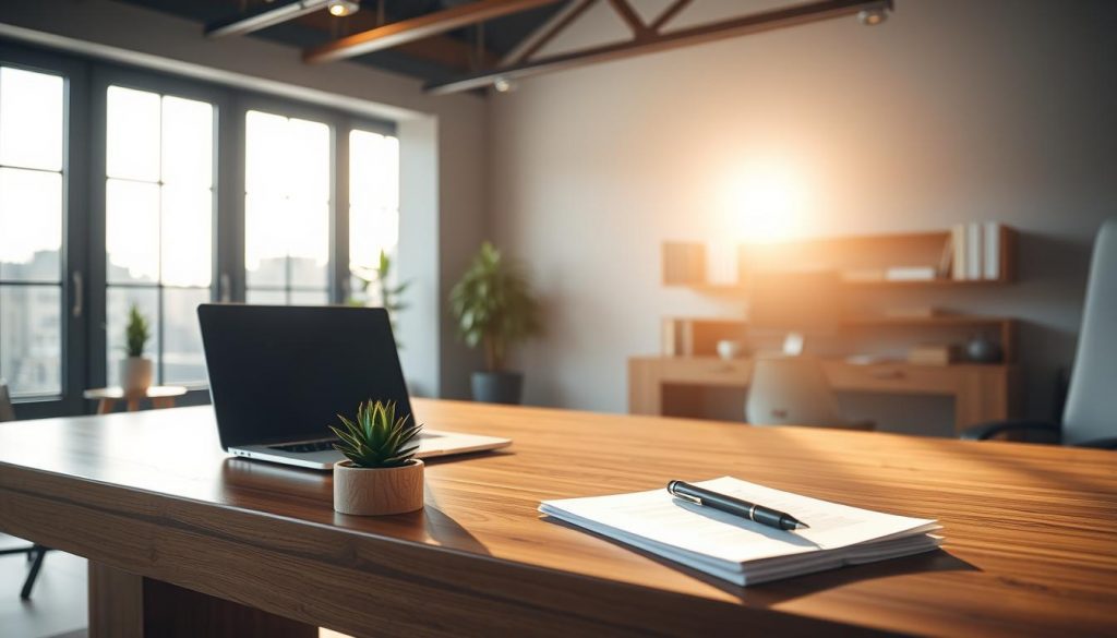 A modern office interior with a large wooden desk, a laptop, and a succulent plant. Sunlight streams through floor-to-ceiling windows, casting a warm glow on the space. On the desk, a stack of papers and a pen symbolize the financial planning and inheritance tax considerations. The overall atmosphere is one of professionalism, tranquility, and attention to detail, reflecting the thoughtful approach to the seven-year rule for inheritance tax planning.