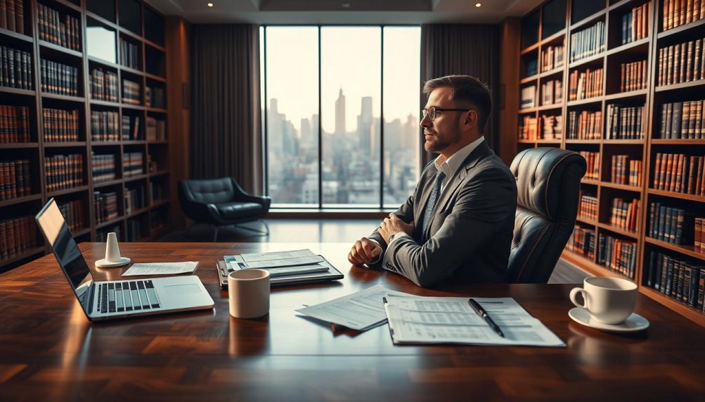 A modern office interior with a large wooden desk, a plush leather chair, and a large window overlooking a cityscape. On the desk, there are financial documents, a laptop, and a cup of coffee. The lighting is soft and warm, creating a professional and contemplative atmosphere. In the foreground, a thoughtful-looking businessman is sitting at the desk, hands folded, deep in thought about inheritance tax planning strategies. The middle ground features bookshelves lining the walls, filled with legal and financial volumes. The background showcases the urban skyline, hinting at the complex financial landscape the businessman must navigate.