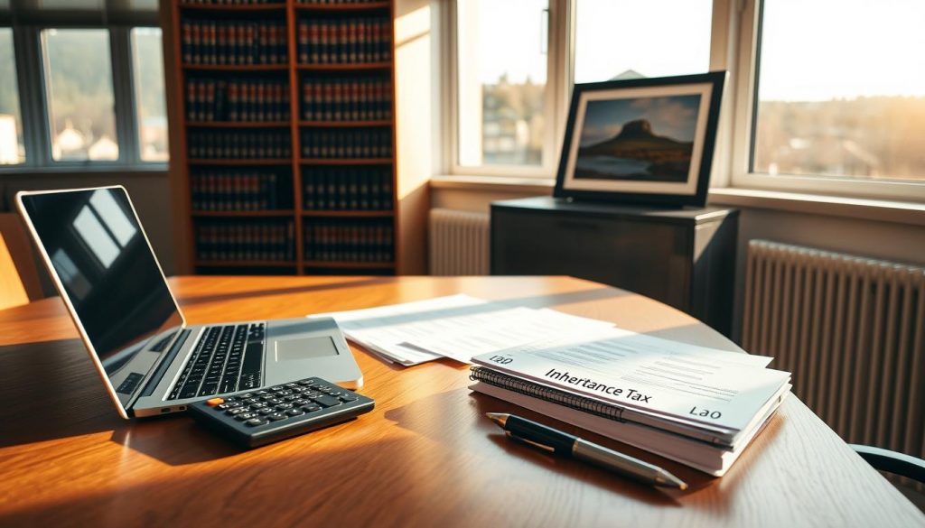 A modern office interior with a wooden desk, a laptop, and financial documents. Warm, natural lighting filters through large windows, casting soft shadows. On the desk, a calculator, a pen, and folders labeled "Inheritance Tax" are neatly arranged. In the background, a bookshelf filled with legal volumes and a framed Isle of Man landscape photograph. The overall atmosphere conveys a sense of professionalism, attention to detail, and the weight of important financial decisions.