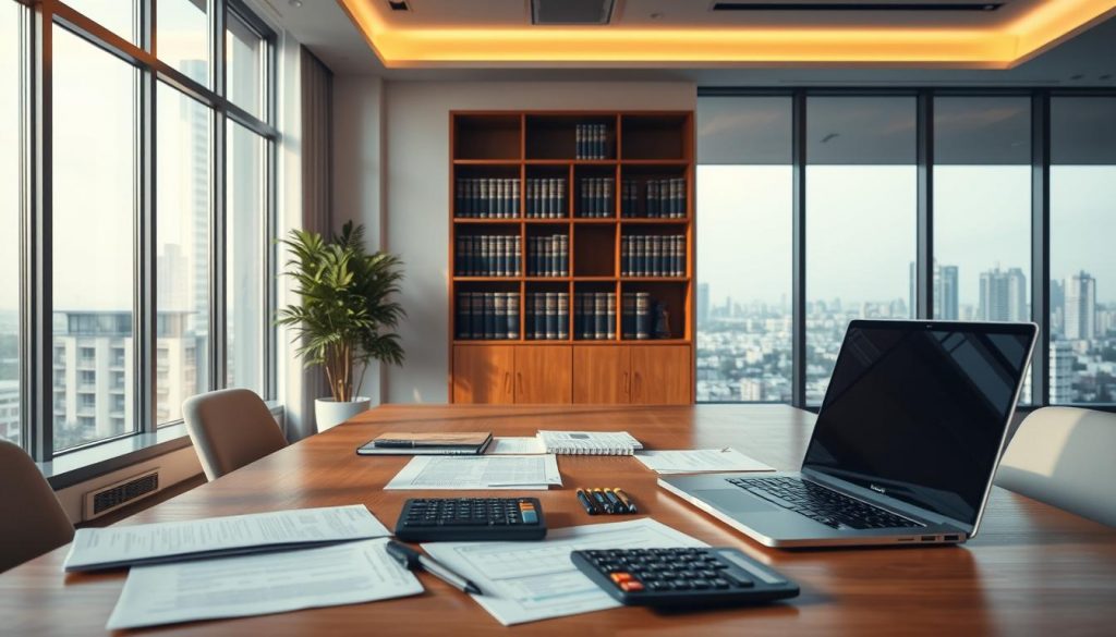 A modern office interior with floor-to-ceiling windows, warm lighting, and a minimalist aesthetic. In the foreground, a wooden desk features a laptop, a calculator, and various financial documents. The middle ground showcases a strategically placed bookshelf with volumes on inheritance tax planning and estate management. The background depicts a serene city skyline, hinting at the importance of prudent financial decisions. The overall atmosphere conveys a sense of professionalism, expertise, and a commitment to safeguarding one's financial future.