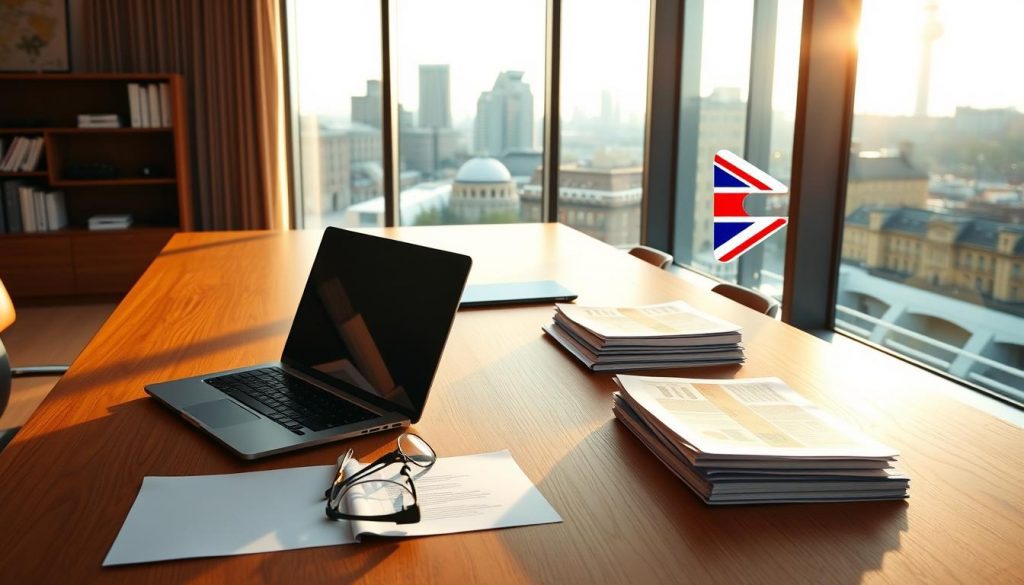 A modern office setting with a large wooden desk, a sleek laptop, and a well-organized stack of documents. The lighting is warm and natural, filtering in through large windows that offer a view of the London skyline. On the desk, a pair of reading glasses sits next to a stylized UK flag, subtly hinting at the topic of inheritance tax legislation. The atmosphere is professional yet thoughtful, inviting the viewer to engage with the subject matter.